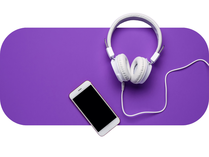 phone and headphones on purple background